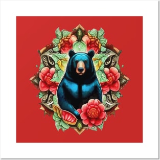 Alabama State Black Bear Surrounded by Camellia And Hydrangea Posters and Art